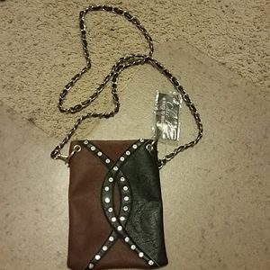 NWT Brown & Black Rhinestone Chain Strap Crossbody Adjustable Handbag
